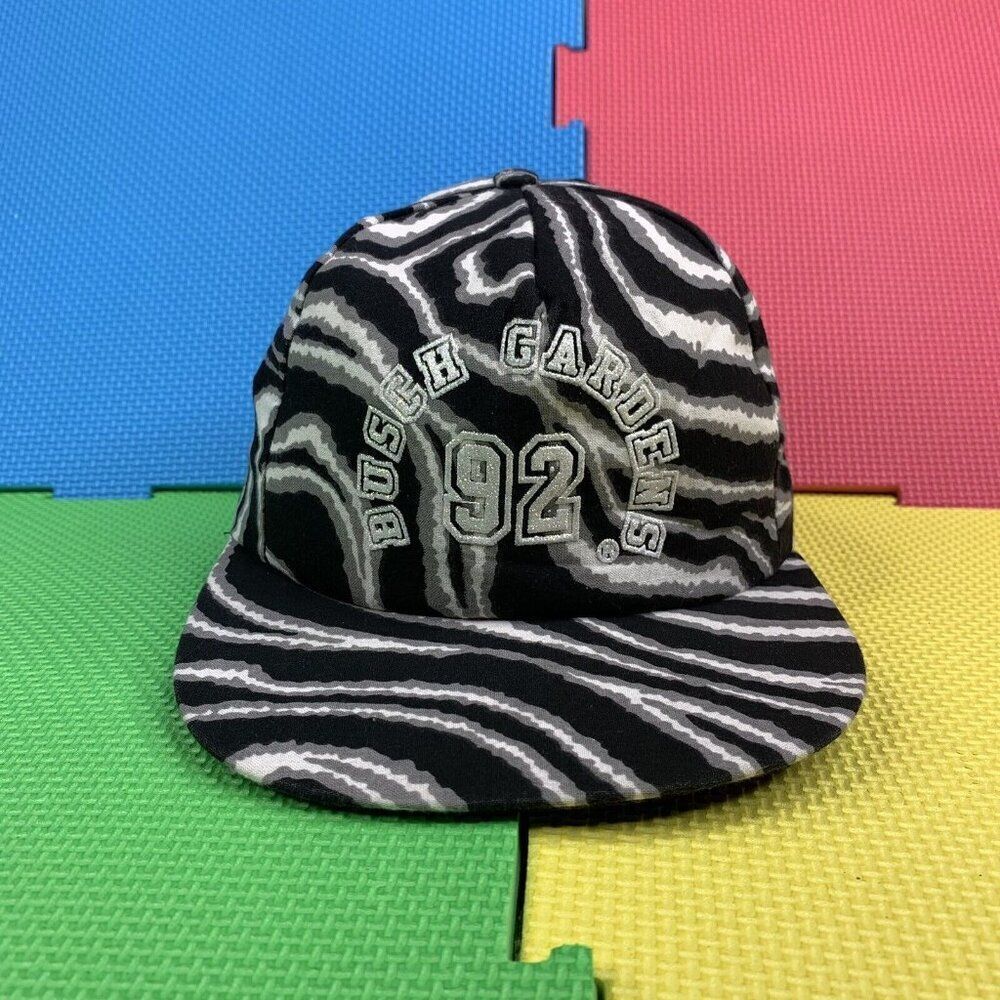 Vintage Busch Gardens Adult Snapback Hat Black Zebra Pattern Rare Made In USA